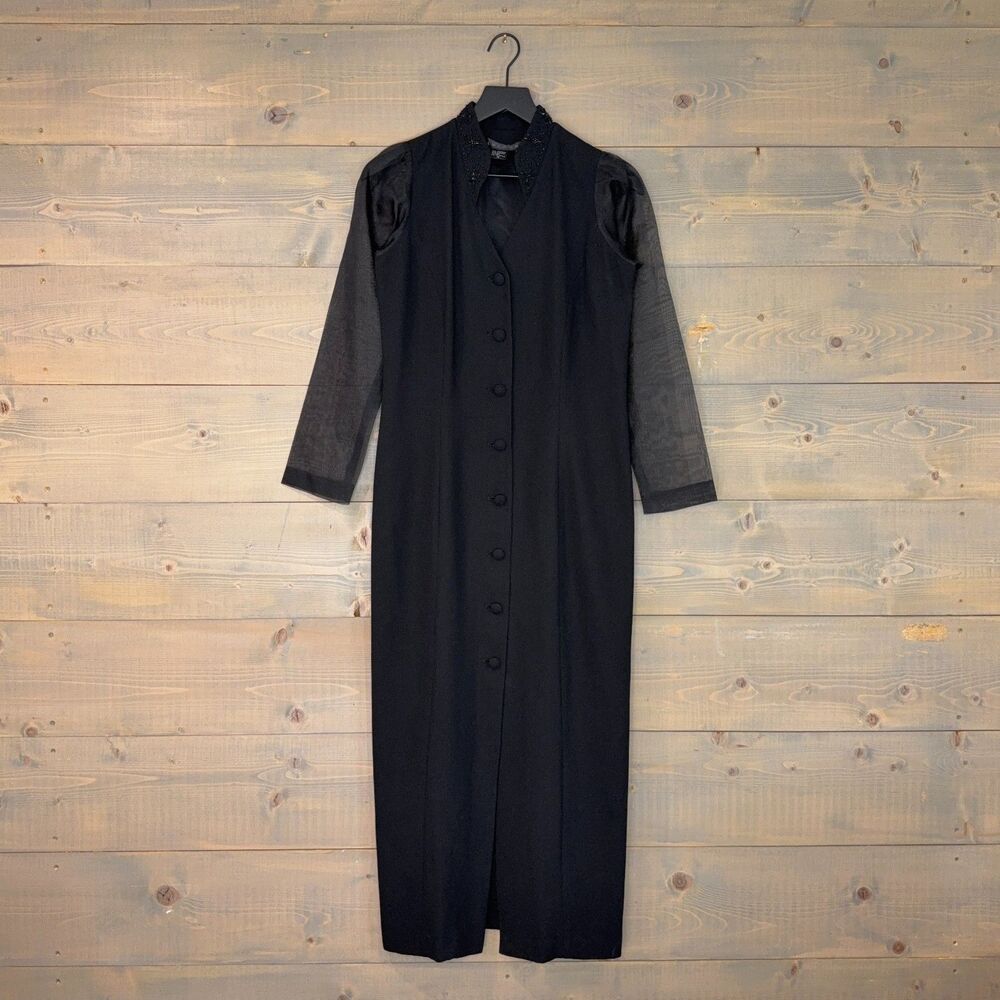 Vintage 1990s MariAnna Button Front Maxi Dress w/ Mesh Sleeves Women's 10